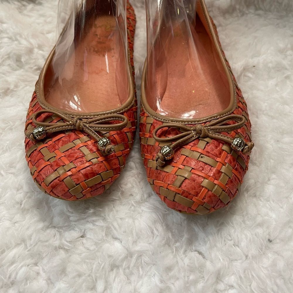 Elliott Lucca leather orange and tan woven ballerina flats with front bow SZ9 - Picture 3 of 12